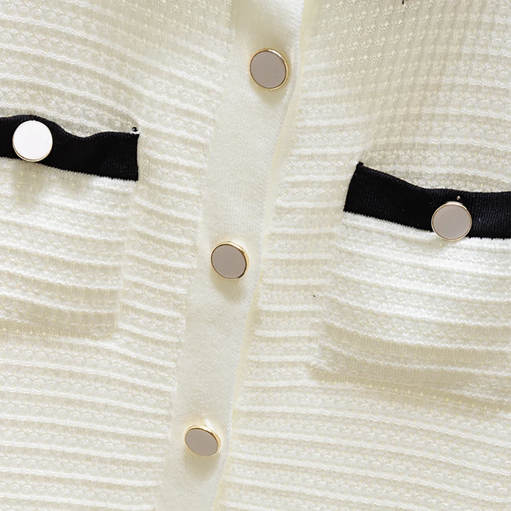 

Casual Patchwork Glitter Buttons Summer Thin Knitted Sweater Cardigan Women Fashion Loose Baggy Top Collared Short Sleeve Tops