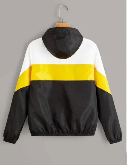 

Women Long Sleeve Zipper Pockets Casual Sport Coat multi Color cut and sew windbreaker with hood Color block Coats
