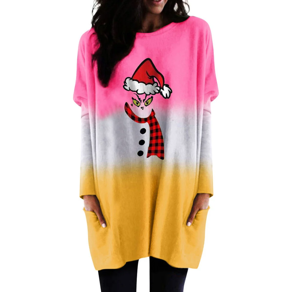 

Gradient Shirts for Women Graphic T Shirts Pockets Shirts Christmas Print Tops Mid-length 2020