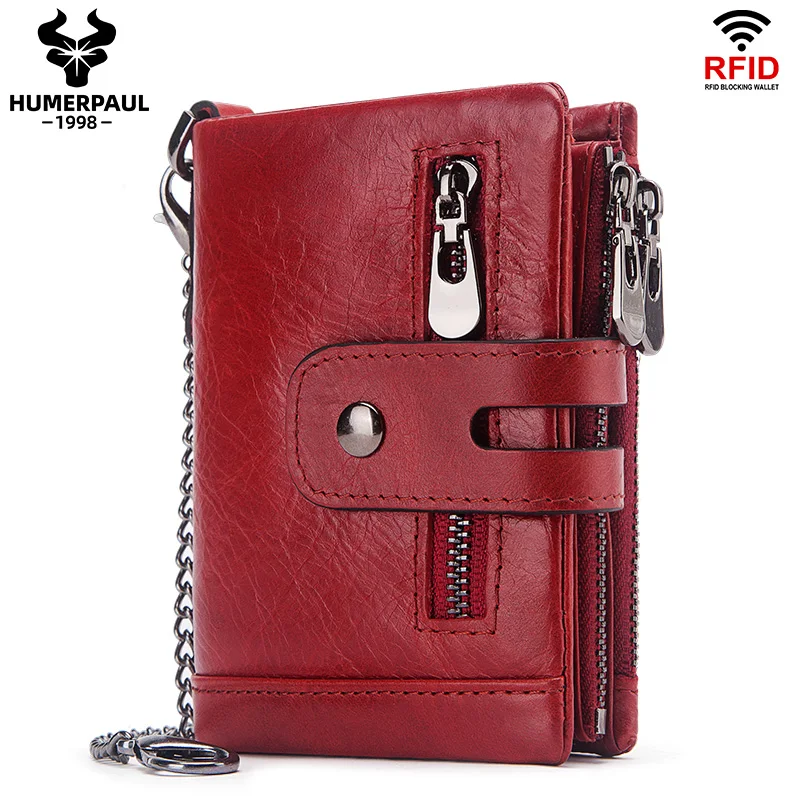 

RFID Anti-Theft Swipe Card Wallet Tri-Fold Multi-Card Leather Lady Leather Wallet Coin Purse Compact Mini Card Holder Chain Coin