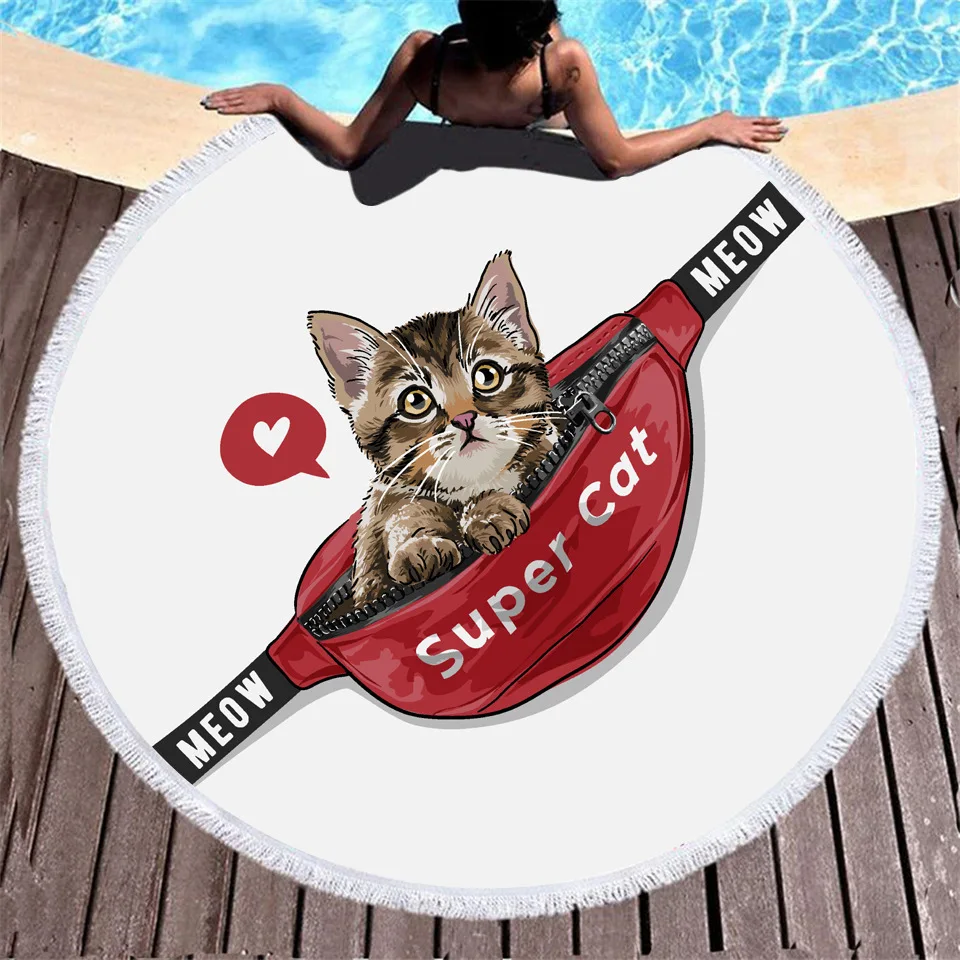 

New Cute Uniform Cat Printed Round Microfiber Bath Towel Swimming Beach Surfing Men's and Women's Beach Towels