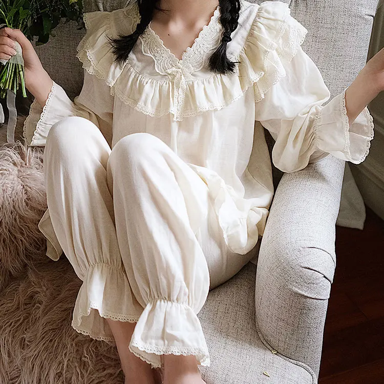 

Plus Size Women Pajama Set Retro 100% Cotton Pyjama 2 Piece Set lady girls cute lace long sleeve Sleepwear Leisure Home Clothes