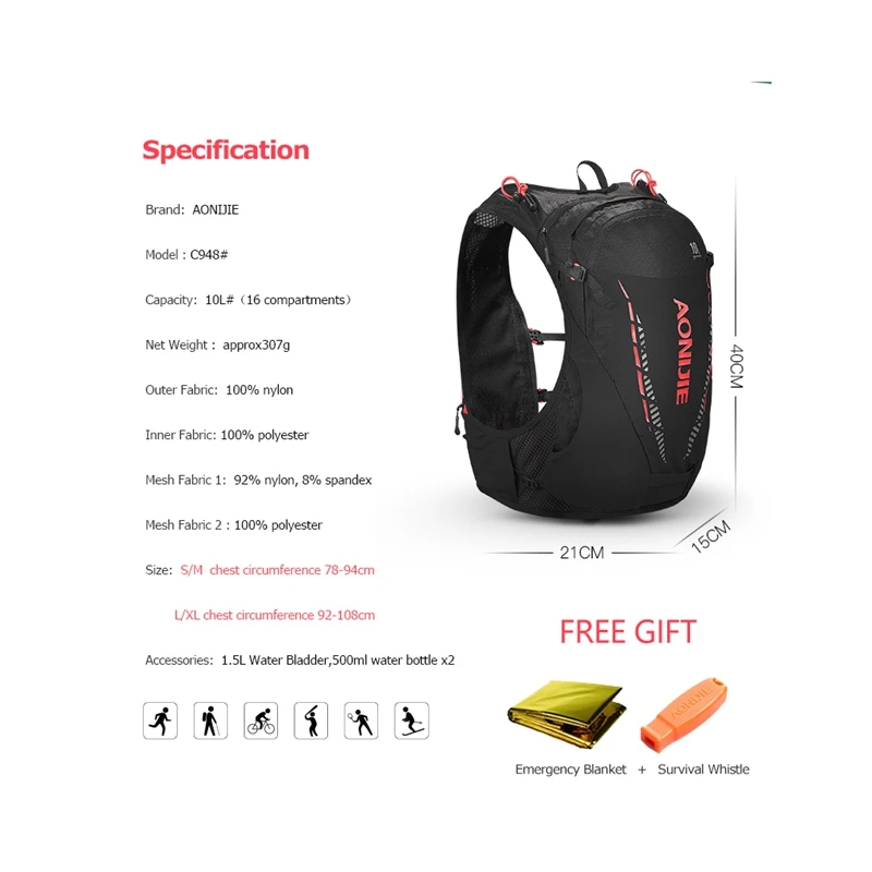 AONIJIE Hydration Backpack 10L  Sport Bag Ultralight Marathon Vest C948 With Water Bladder For Outdoor Camping Hiking Running