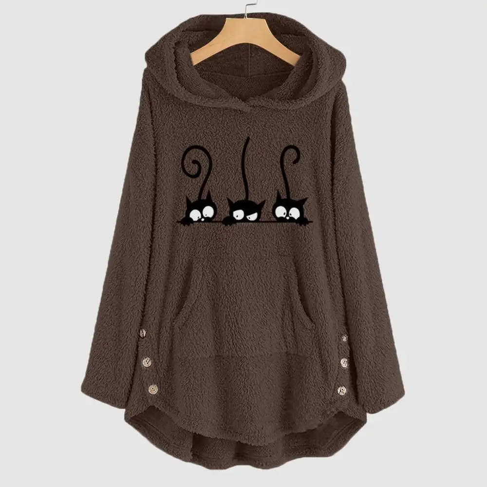 Женская флисовая зимняя одежда теплые толстовки с вышивкой кошачьи ушки размера плюс Толстовка Harajuku Kawaii Толстовка С Карманами Топы Блузки
