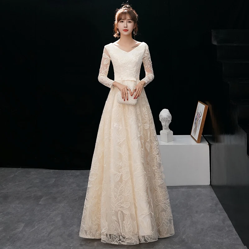 

Кружевное платье цвета шампанского, элегантное вечернее платье-трапеция до пола с V-образным вырезом и длинным рукавом, 2021