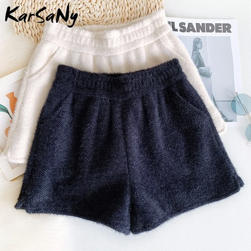 Mink Fur Shorts Women Winter Wide Leg Casual Warm Short Pants Elastic Waist Woman Clothing Black For | Женская одежда