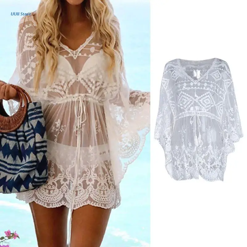 

Women Sexy See-Through Bikini Cover Up Hollow Out Floral Lace Tunic Tops V-Neck Tassels Drawstring Loose Beach Dress