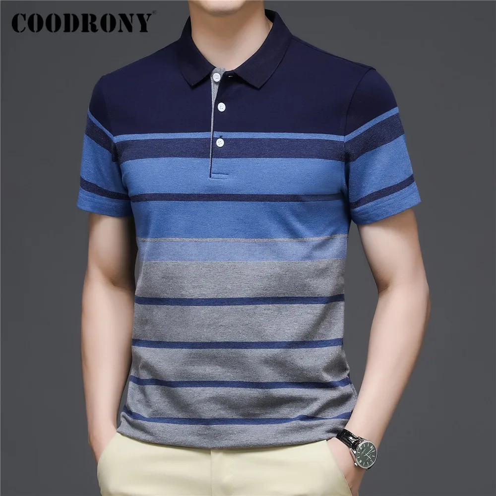 COODRONY Brand Spring Summer Fashion Stripe Short Sleeve Polo-Shirt Men High Quality 100% Cotton Business Casual Cool Top C5185S