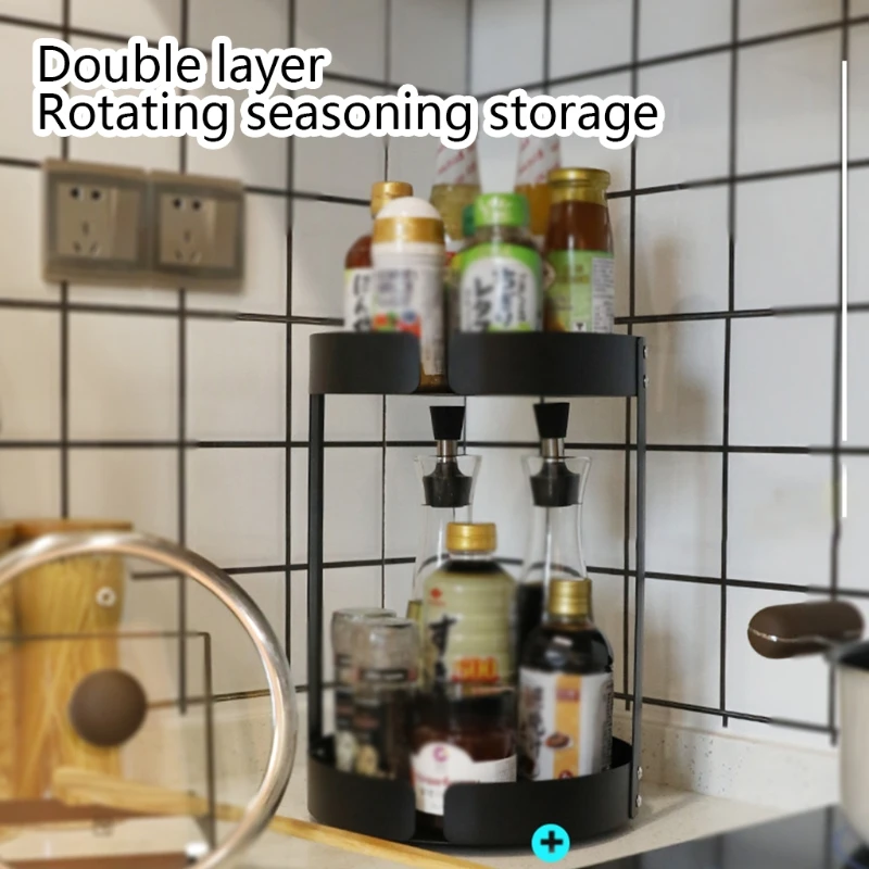 

2 Tiers Round Spice Rack Organizer Black Metal Turntable 360° Rotating Holder