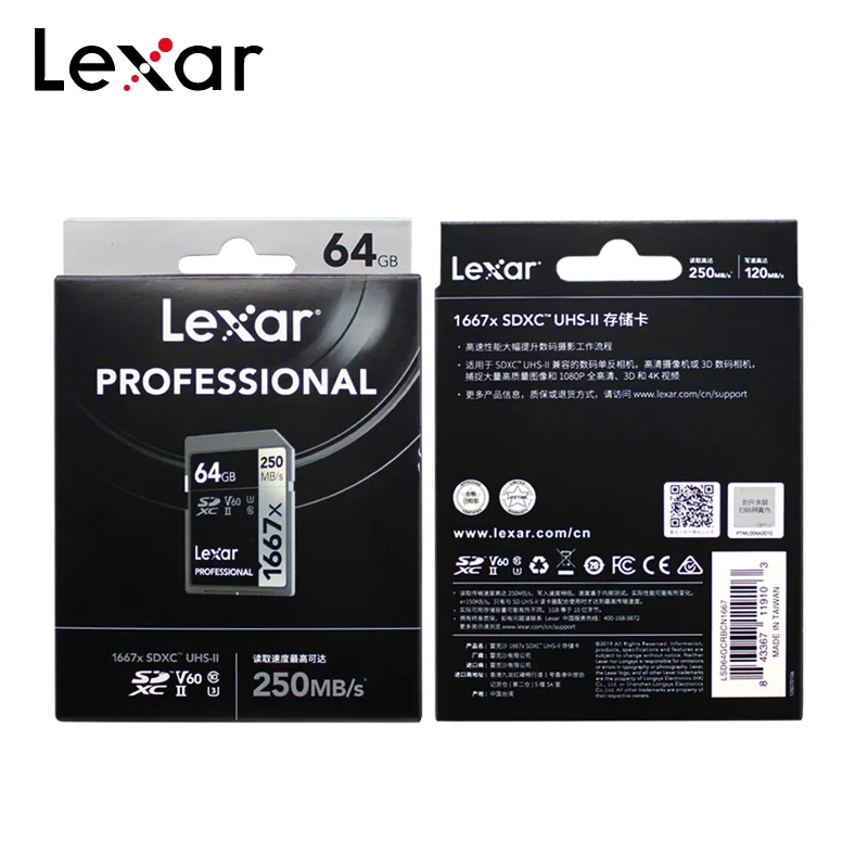 

100% Original Lexar 1667x SD Card High Speed 250MB/s U3 V60 Class 10 64GB UHS-II Memory Card 128GB For 4K video Camera