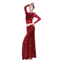 top sellers india belly dance costume woman red sequin high split skirt with safety pants girls long sleeved top dancing suit