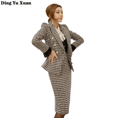 Winter Suits Clothing for Women Blazer and Skirt Set Formal Suit Elegant Plaid Womens Double Breasted Jacket with Long Skirts