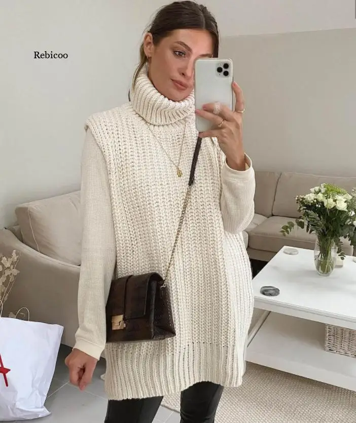 

Autumn Winter Sleeveless Turtleneck Sweater Women Thick Knited Vest Shrug Sweaters Casual Loose Oversized Pullover Jumpers