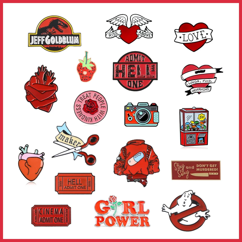 Мультяшная красная эмалированная брошь роза цветок животное сердце кнопка