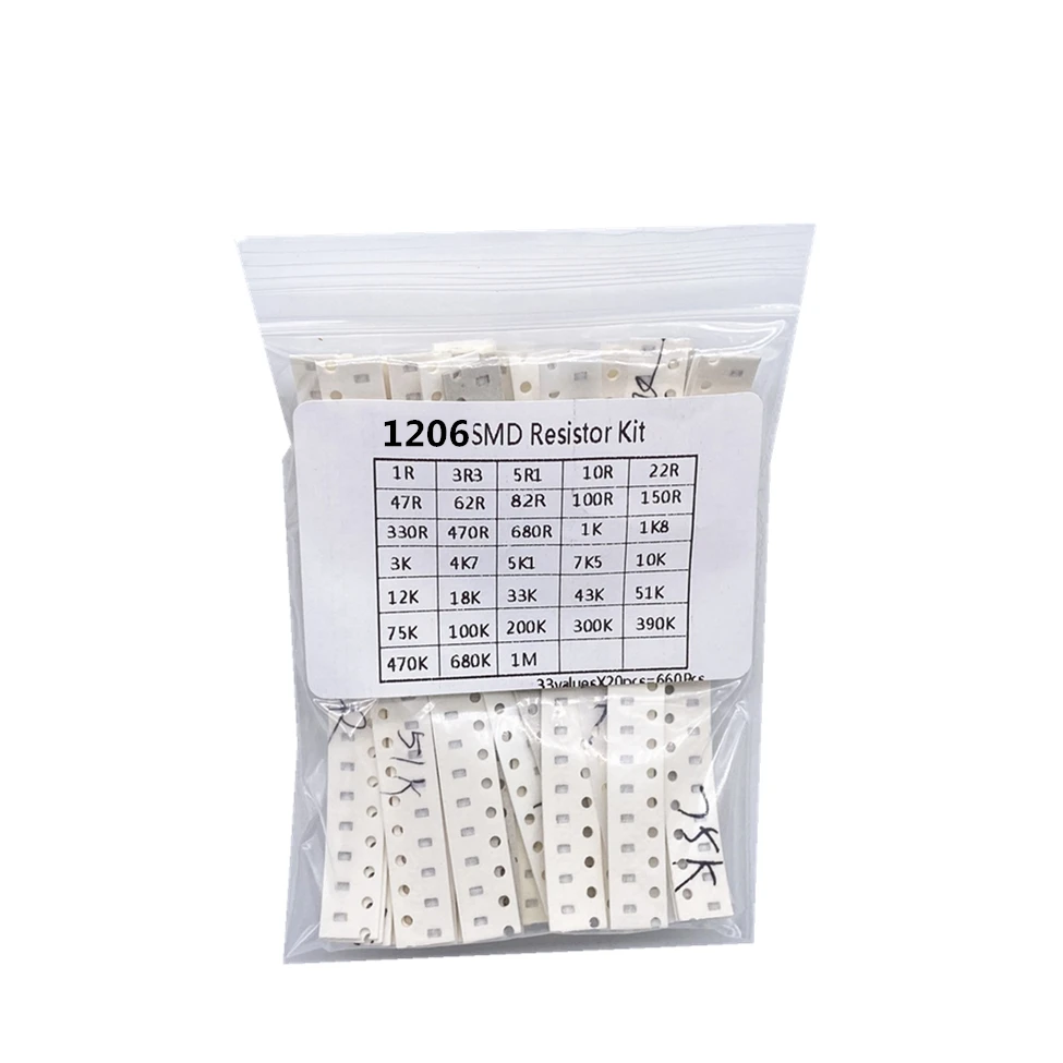 Комплект резисторов 1206 SMD в ассортименте 1 Ом-1М Ом 1% 33valuesX 20 шт. = 660 набор образцов |