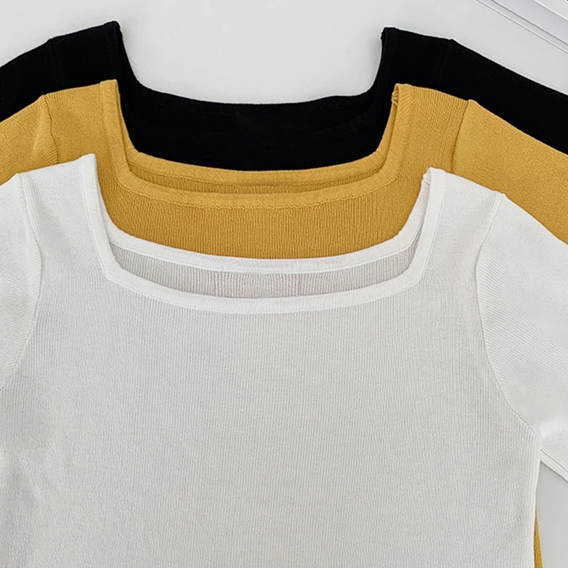 

Solid Square Neck T-Shirt Women'S Korean Style Simple Loose T-Shirts Woman Casual Slim Short Tops Ladies Summer 2021