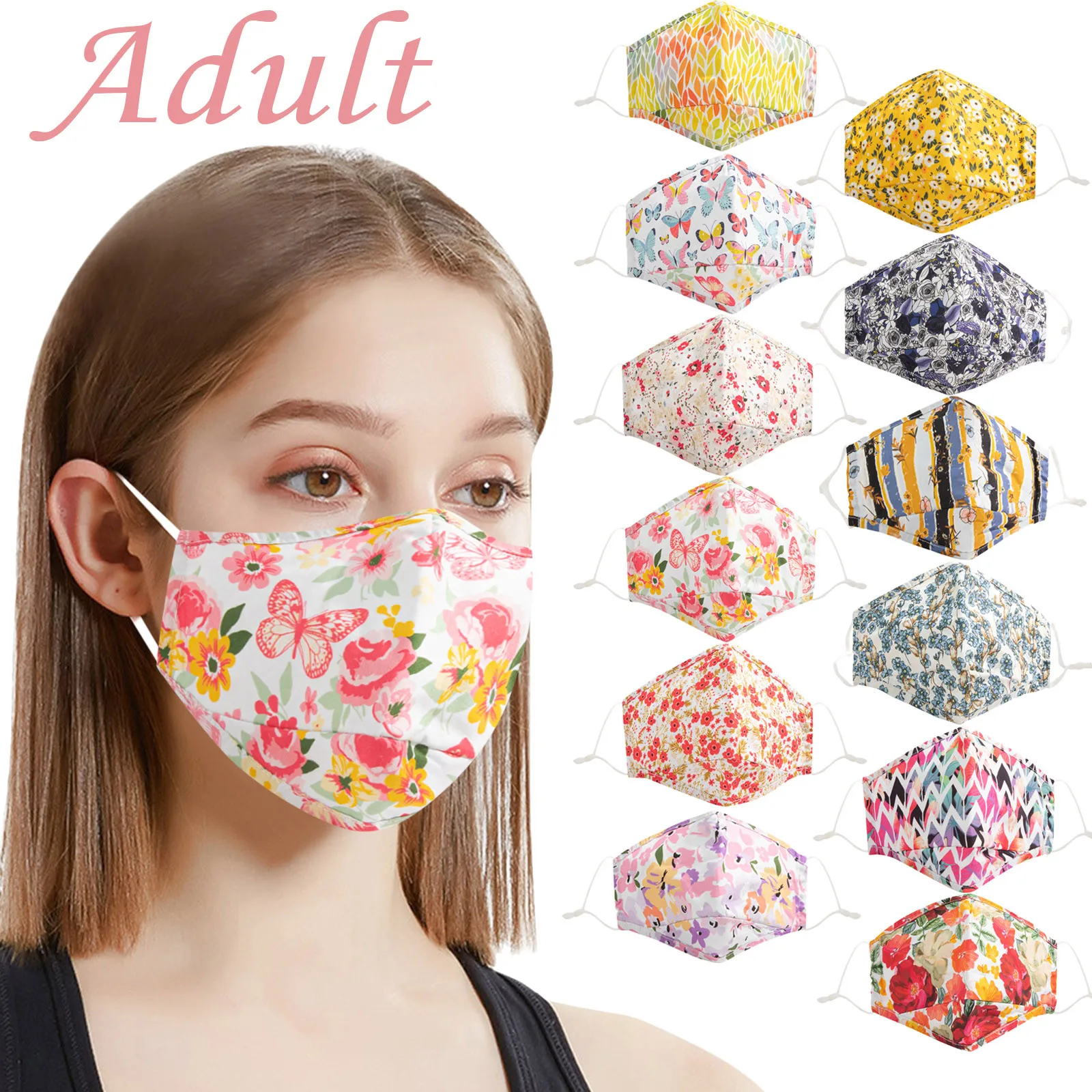 

1pcs Adult Woman Floral Adjustable Washable Safet Protect Haze Face Mask Mouth Mask Cartoon Face Reusable Fabric Bear