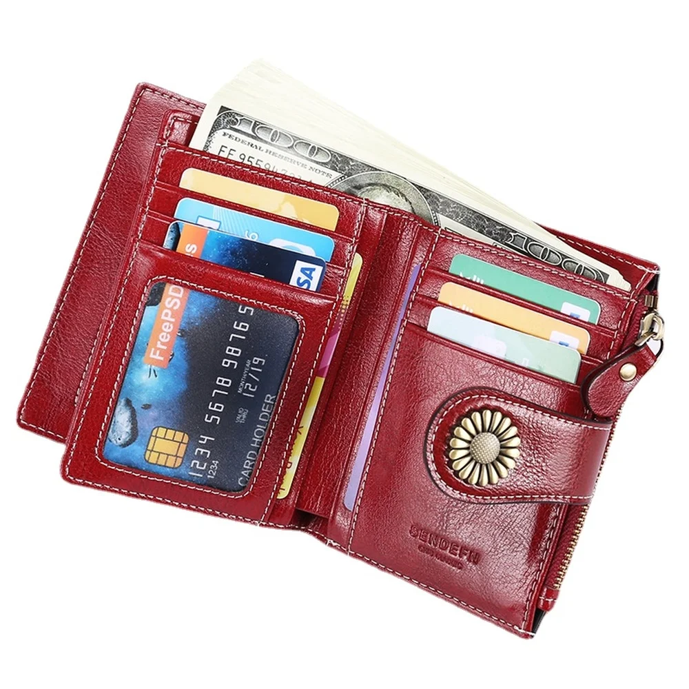 Women Leather Wallets Short Luxury Oil Wax Leather 2022 New Coin Purse Fashion Buckle Zipper Multifunctional  Ladies Card Holder