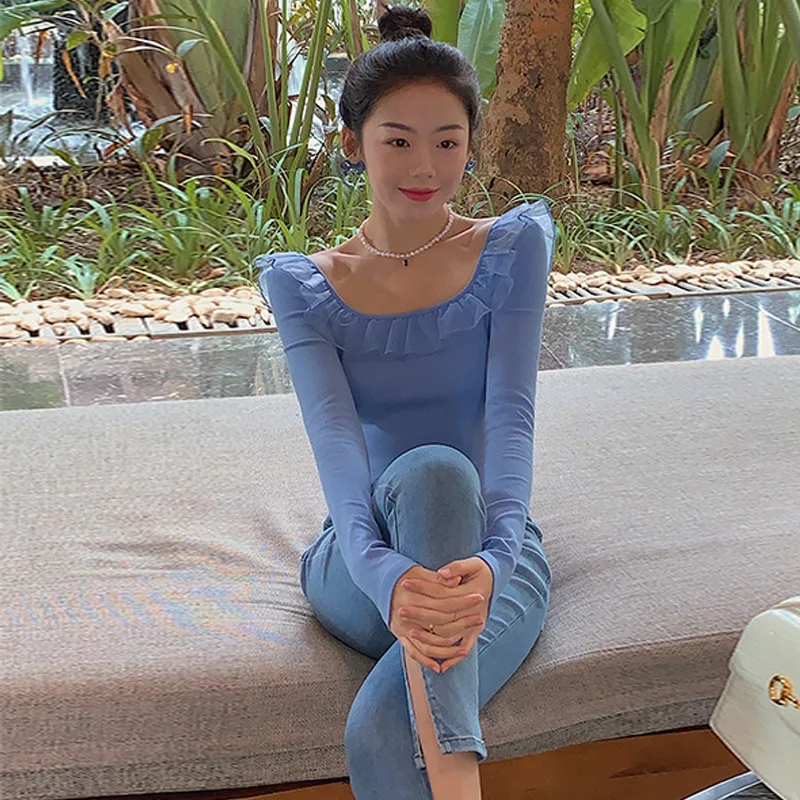 

Women 2021 New Sweet Fashion Ruffled Cropped Knitted Sweater Vintage Square Collar Long Sleeve Female Pullovers Chic Tops