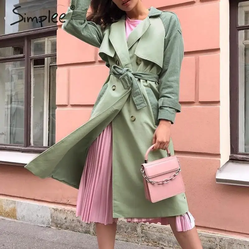 Simplee Elegant patchwork women trench coat Sash belt corduroy cotton female trenches Buttons pocket autumn winter long overcoat | Женская
