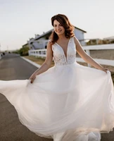 wedding dress a line v neck tank lace appliques sequined beads backless floor length sweep train gorgeous bride gown new