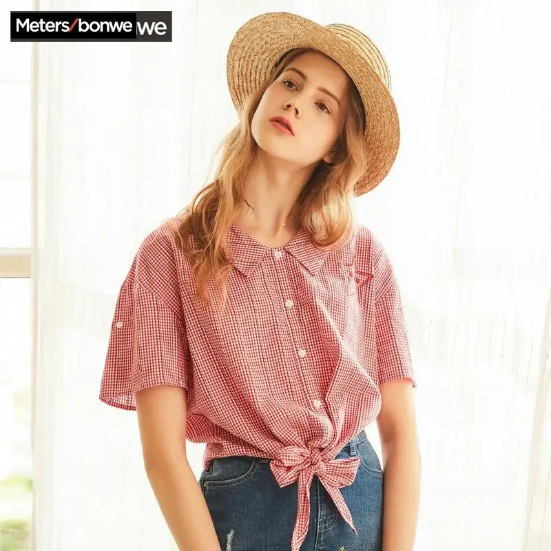 Новая ярко розовая блузка Metersbonwe серая Милая клетчатая рубашка с коротким