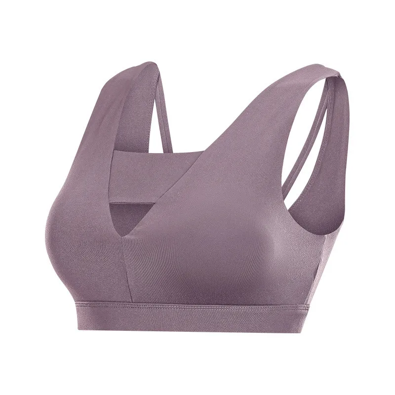 New Shockproof Sports Bra Women Gym Fitness Push Up Bras Deep V sexy hollow Yoga Bra Back Cross Ladies Run Bras fitness Top - Цвет: gray purple