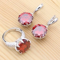 925 sterling silver bridal jewelry set round red garnet white crystal ring earring set engagement gift for woman