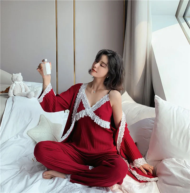 3 Pcs Winter New Long Sleeve Pure Cotton Pajama Set Lace Sexy V Lead Spaghetti Strap With Belt Cardigan Bathrobe | Женская одежда