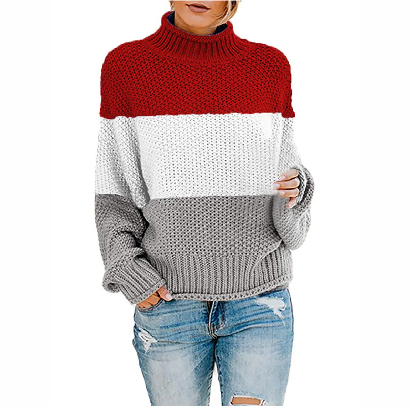 

SAGACE Clothes Women Sweater Autumn Winter Knit Color Matching Round Neck Loose Casual Sweater Tops femme chandails