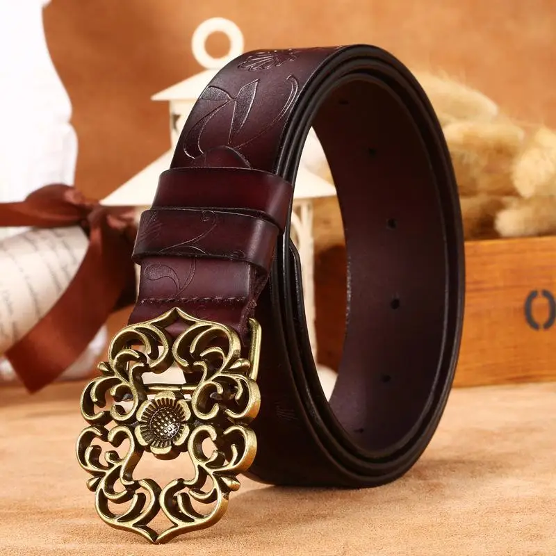 Brand Women Belt Designer Genuine Leather Vintage Carved Flower Strap Girls Ladies' Belts For Jeans Smooth Buckle Accessories - Цвет: Product color