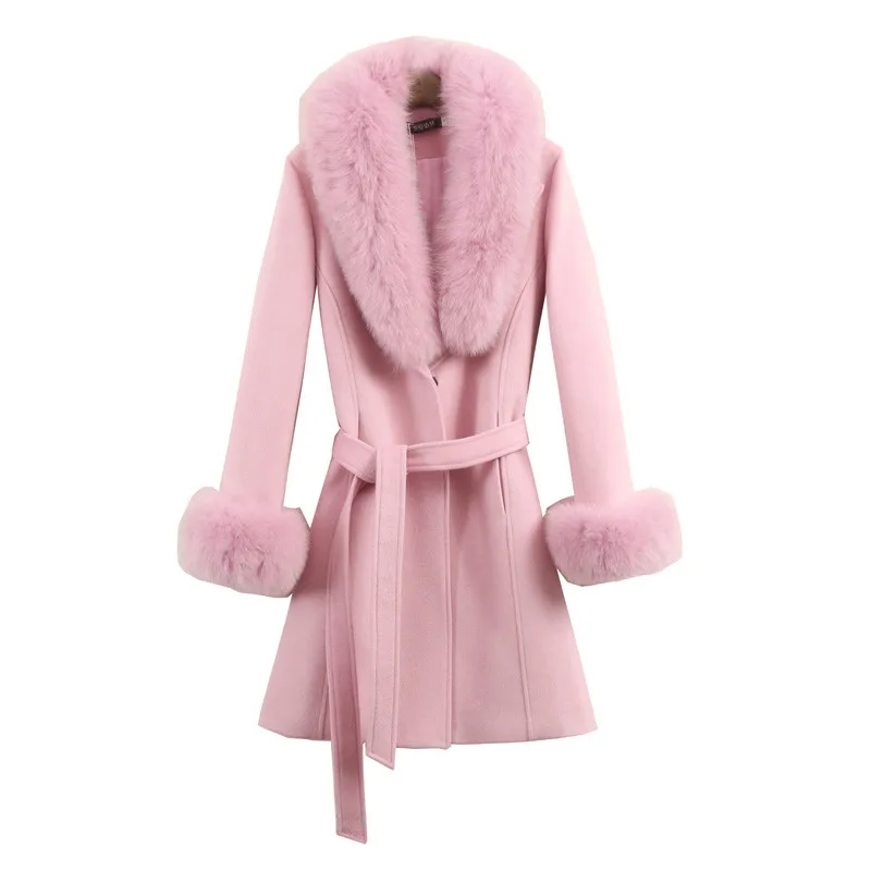 Woman Autumn Winter High Quality Elegant Woolen Coat Female Long Section Slim Belt Large Coat Detachable Fur Collar 