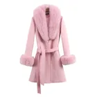 Женское шерстяное пальто, элегантное пальто высокого качества на сезон осень-зима, женское длинное приталенное пальто с поясом, большие пальто со съемным меховым воротником