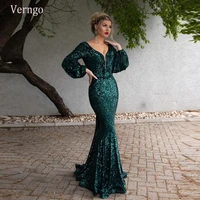 verngo dark green mermaid evening dresses 2021long sleeves glitter v neck modest dubai arabic prom gowns formal vestidos elegant