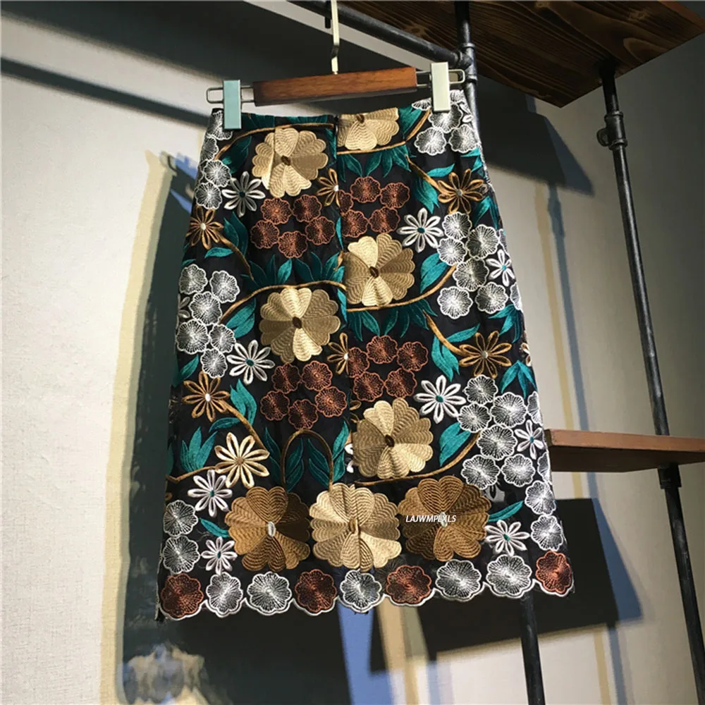 

2021 Korean Fashion Women High Waist Knee-length Lace Skirts Elegance Slim Hip Flower Embroidery A-line Skirt