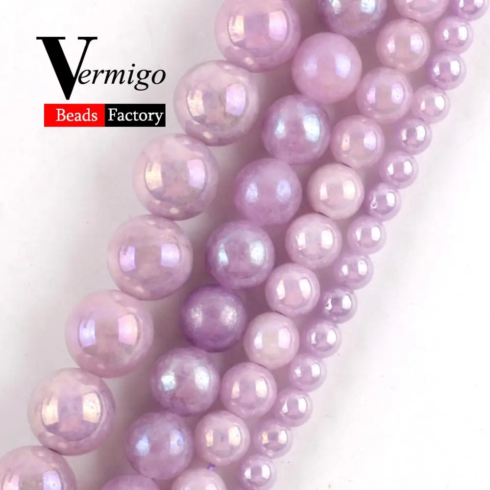 

Natural Purple Jades Plating AB Gem Baeds For Jewelry Making 4 6 8 10mm Round Loose Beads DIY Necklace Bracelet Accessories 15"