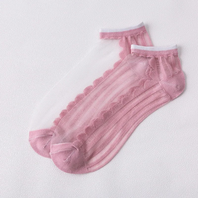 

Women Summer Thin Crystal Glass Socks Candy Color Striped Wave Women's Socks Boat Socks 5 Pairs
