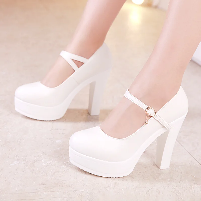 12cm white Большие размеры 32-43; обувь на платформе с блочным каблуком; женские туфли-лодочки; коллекция года; свадебные туфли белого и серебристого цвета; офисные туфли на среднем каблуке; женская обувь - Цвет: 12cm white