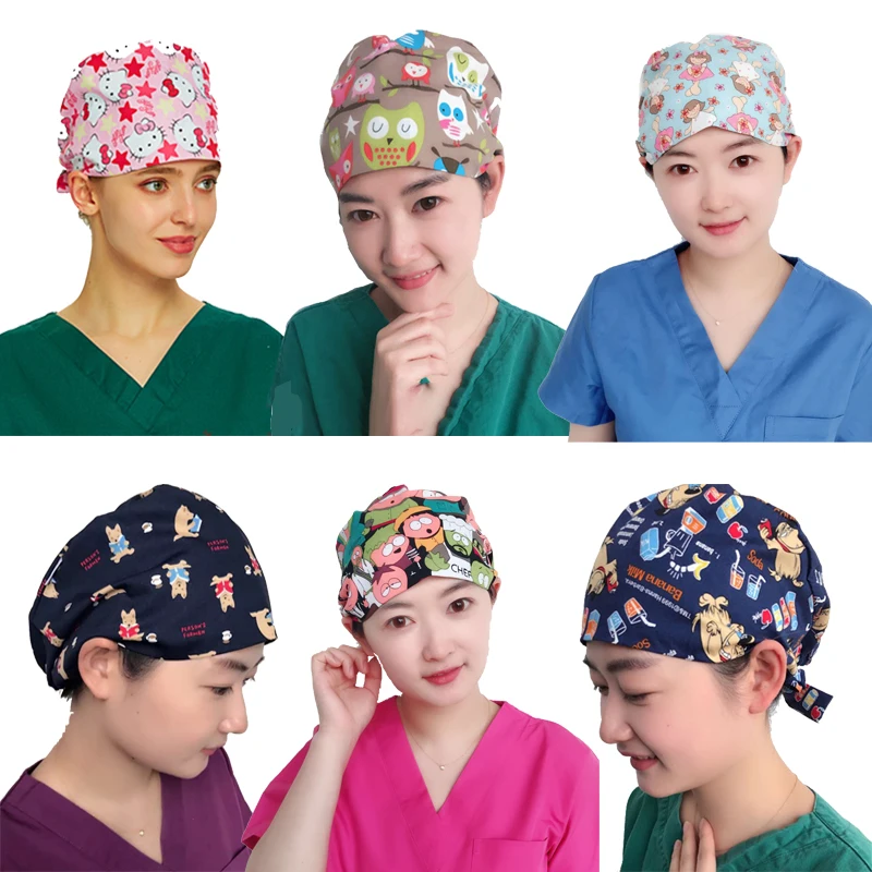 

Cartoon print doctor cap multicolor pure cotton nurse anesthesiologist scrub cap adjustable gourd cap chef bandage turban
