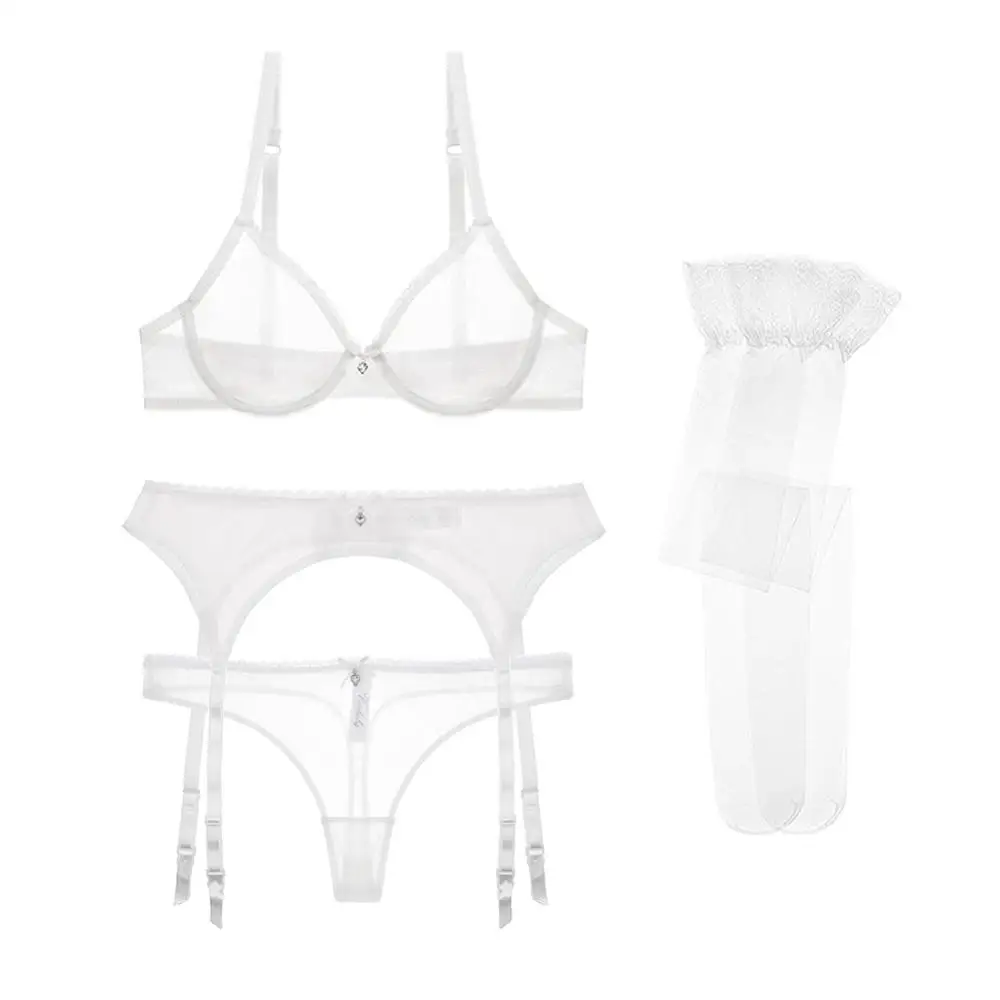 Varsbaby sexy ultra-thin transparent yarn lingerie set bras+garters+thongs+stockings 4 pcs for young women