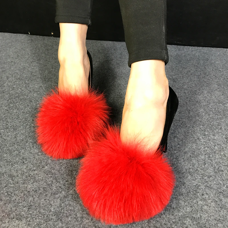 

Winter new oversize fox hair shallow mouth women's shoes stiletto heels women's shoes leather women's shoes