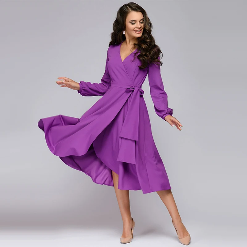 

Women Vintage Sashes A-line Party Dress Long Sleeve Sexy V neck Solid Elegant Casual Dress 2020 Summer New Fashion Women Dress