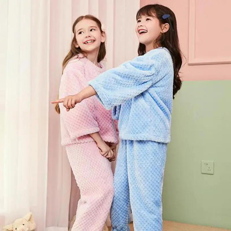 

Winter Flannel Warm Thickening Pajamas For Baby Girls Long Sleeve Pants Suit Sleepwear Kids Children Nightwear Home Clothes