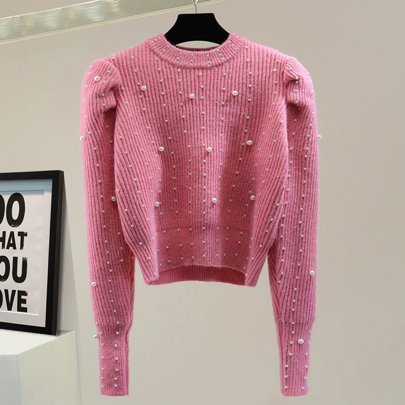 

2021 Fashion Designer Autumn Winter Knitting Top Women Pink Black Apricot Beading High Quality Short Sweater
