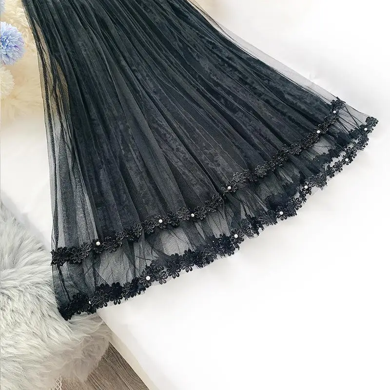 

2020 Summer New Women Lace Stitching Sweet Pleated Skirt Casual Simple Solid Color Wild Women Mesh Long Skirt Tide Free Shipping