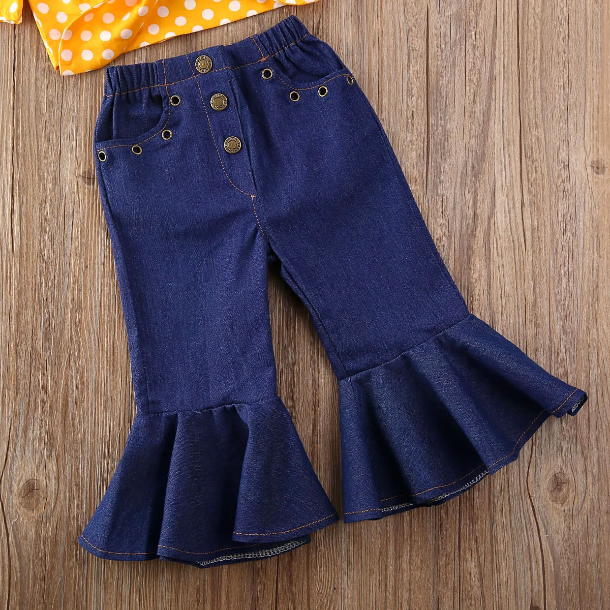 2020 Summer Kids Clothing Toddler Baby Girl Polka Tops Vest T-shirt Denim Pants Bell Bottom Jeans Outfit Clothes Sets | Детская одежда