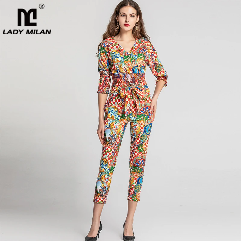Женские Подиумные комбинезоны сексуальный v образный вырез 3/4 рукава с принтом на