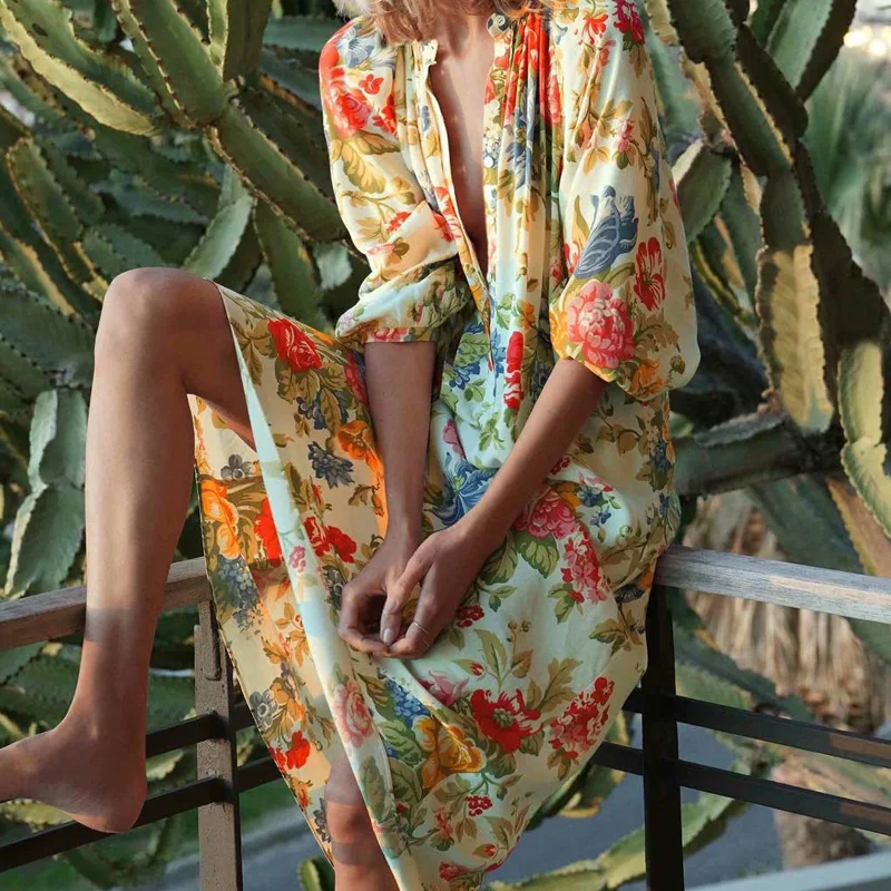 Женское платье-рубашка с принтом KUMSVAG свободное элегантное платье до середины