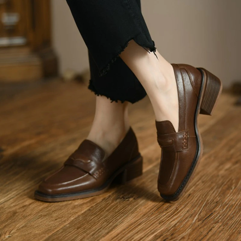 

2022 Spring/Autumn Women Shoes Square Toe Chunky Heel Shoes Women Cow Leather Women Loafers Casual Retro Pumps for Women Female
