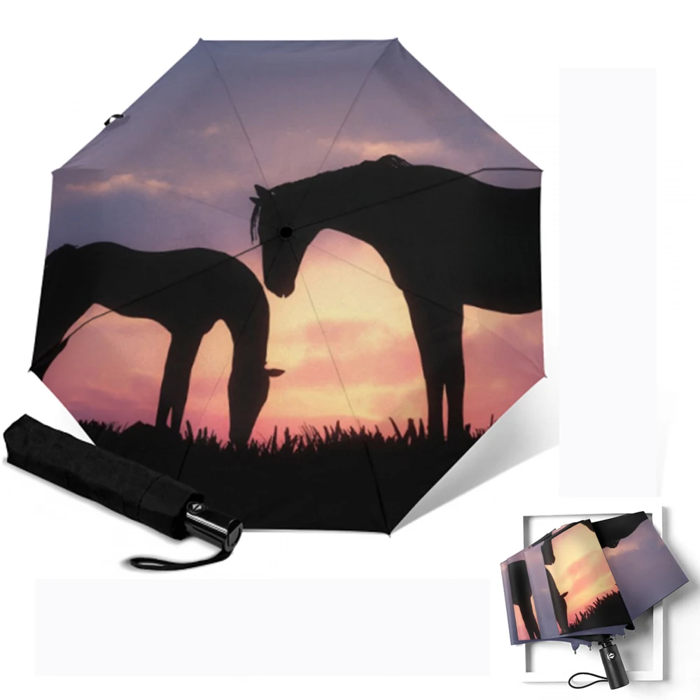 Зонт с принтом лошади 3 сложения ветрозащитный полностью автоматический | Дом и